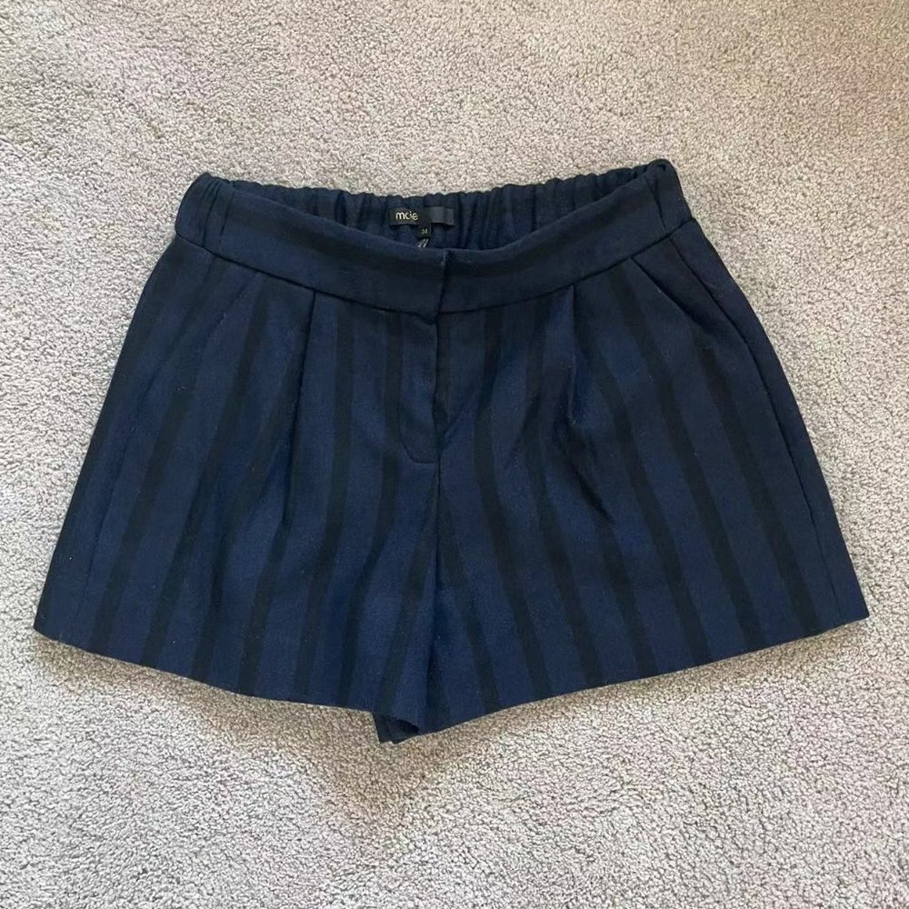 Maje blue / navy Daia pleated pinstriped shorts (Size 34)